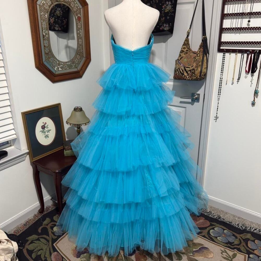 NWOT Ashley Lauren Turquoise Blue Tiered Tulle Strapless Ballgown Prom Dress 6/S - Picture 6 of 8